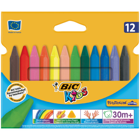 Pastelli a cera BIC Kids Plastidecor Triangle con fusto triangolare in conf. 12 pezzi assortiti - 8297733